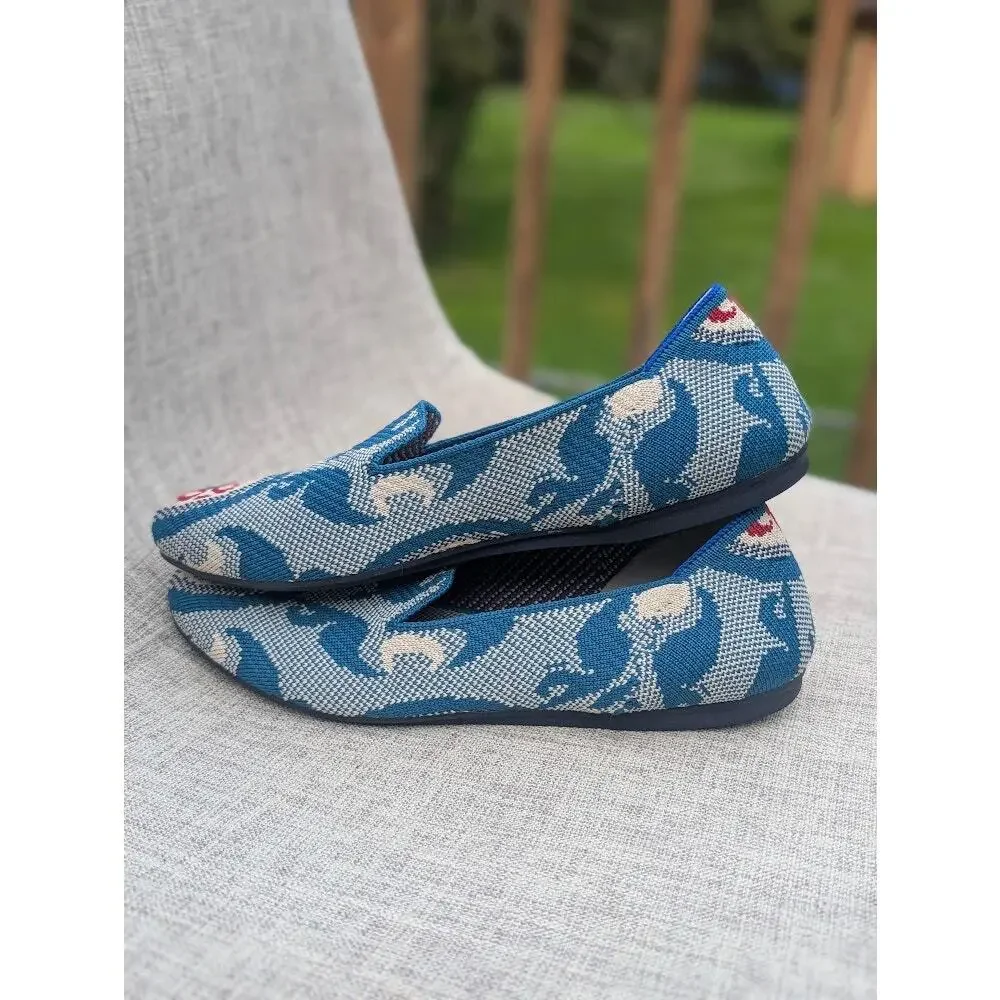 Rothy's Blue White Patterned Flats with Red Accents - Picture 4 of 9